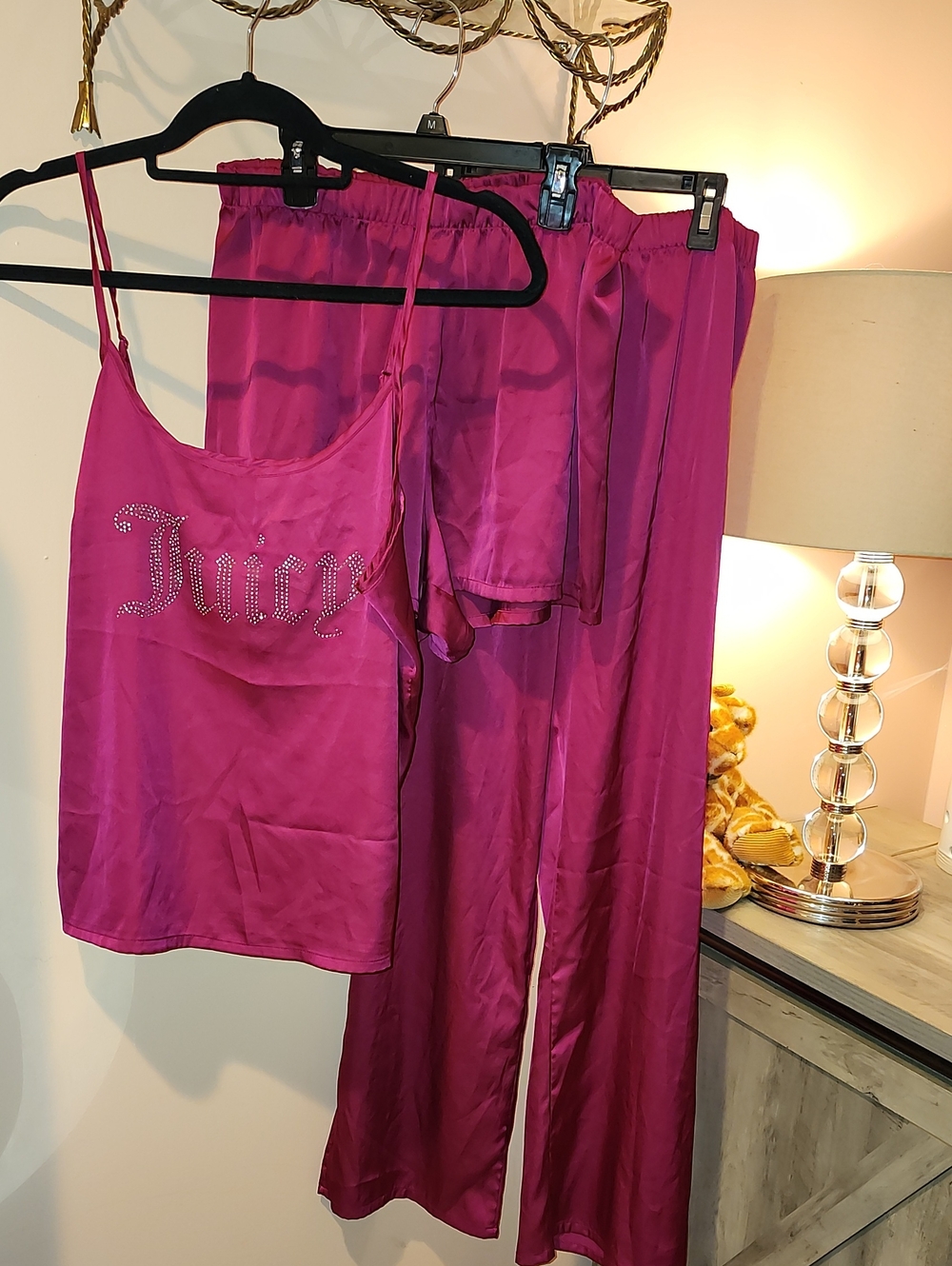 Juicy Couture Hot Pink Rhinestone Satin Pajama Set - Picture 1 of 11